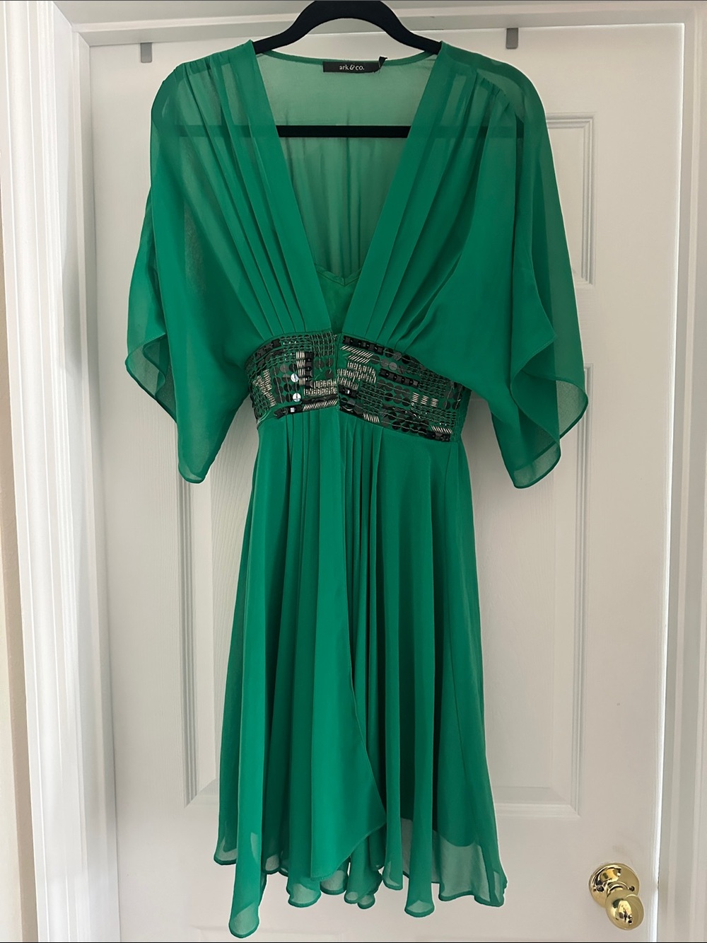 Green Sequin-Waist Chiffon Dress